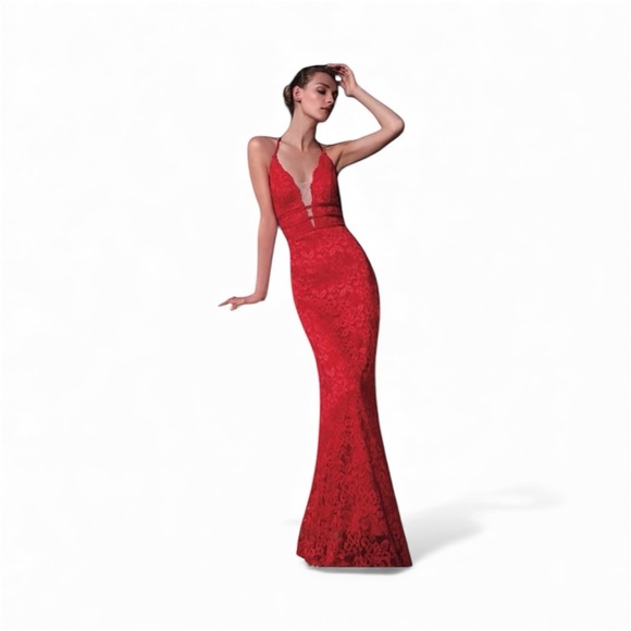 Betsy & Adam Red long, Backless fine lace Dress - Size 4, Retail Price $240 - Picture 11 of 11
